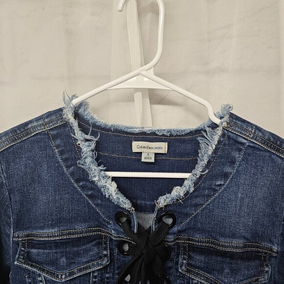 Calvin Klein Blue Denim Dress Lace Up Mini Boho Size S - Picture 2 of 12